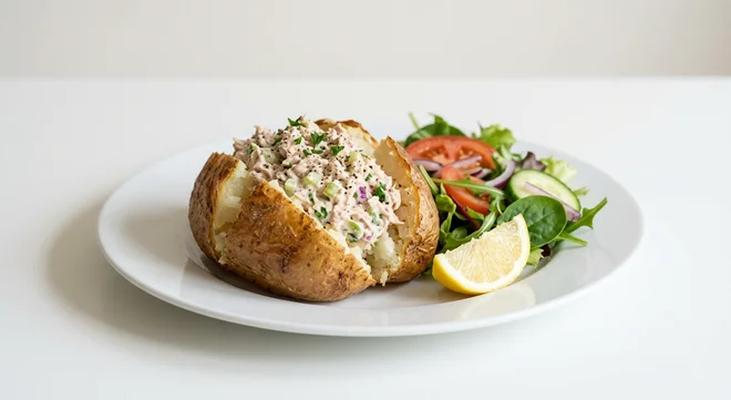 Wetherspoon Tuna Mayo Jacket Potato, jacket potato with tuna mayo, with a side salad on a white plate, nutrition and calories