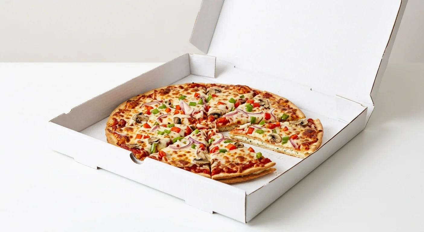 Domino's Vegi Classic (Double Decadence), whole Double Decadence pizza with red onion, peppers and mushrooms in a takeaway pizza box, nutrition and calories
