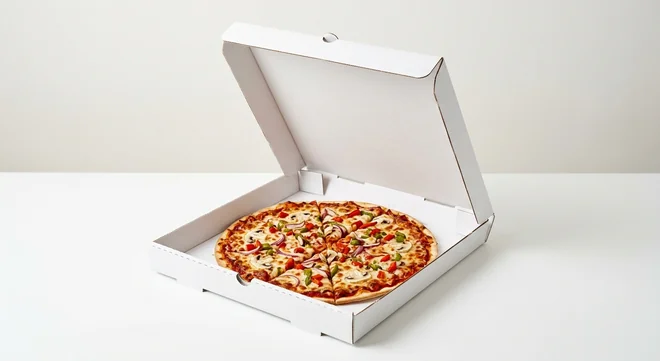 Domino's Vegi Classic (Thin & Crispy), whole Thin & Crispy pizza with red onion, peppers and mushrooms in a takeaway pizza box, nutrition and calories