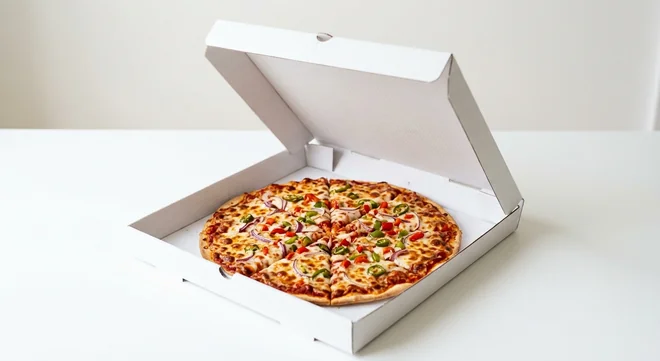 Domino's Vegi Sizzler (Thin & Crispy), whole Thin & Crispy pizza with red onion, peppers and green chillies in a takeaway pizza box, nutrition and calories