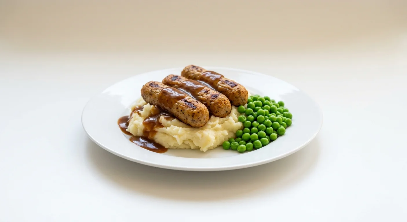 Wetherspoon Vegetarian Bangers and Mash, three vegetarian sausages on mashed potato with gravy and peas on a white plate, nutrition and calories