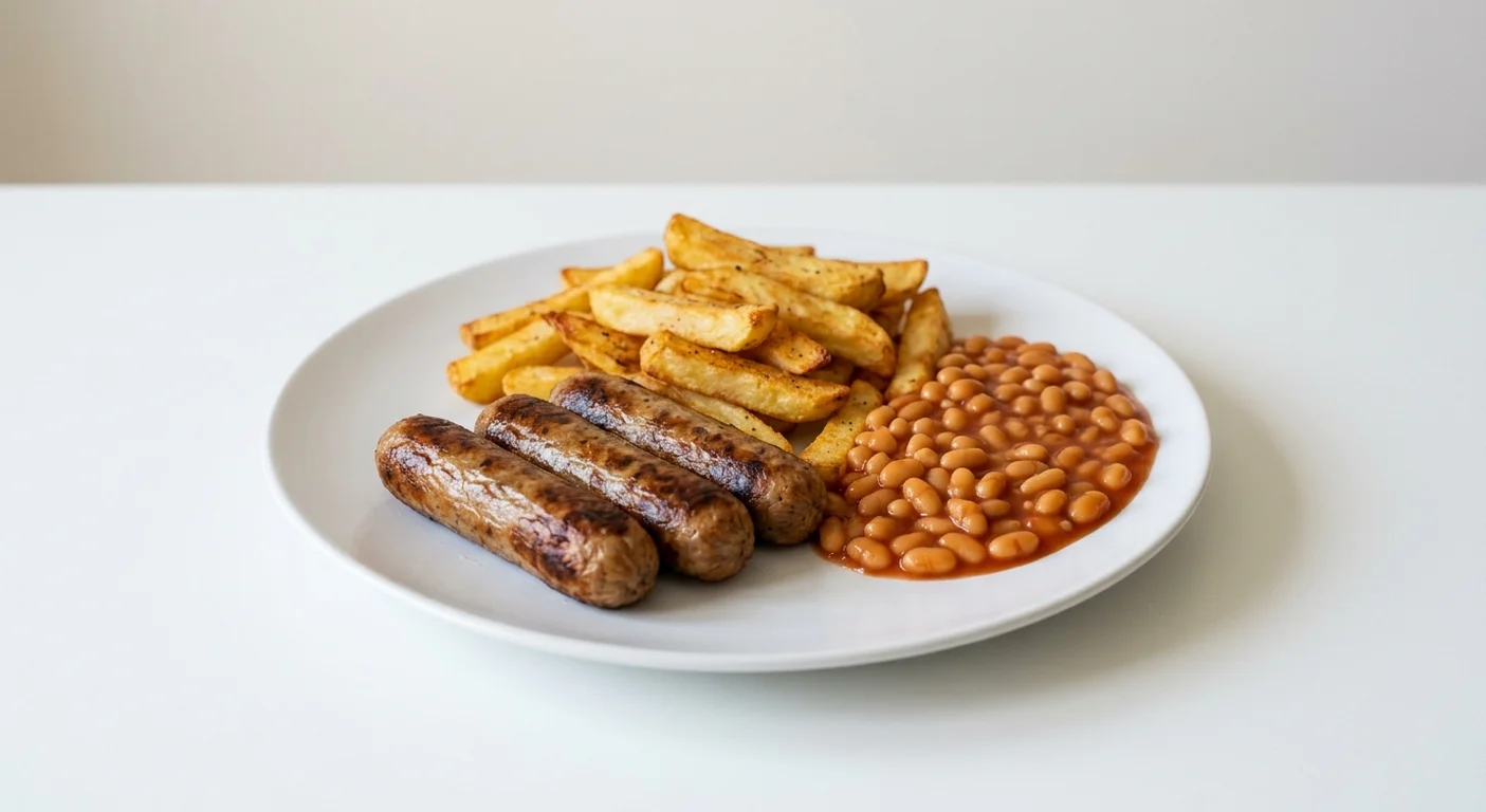 Wetherspoon Vegan Sausages, Chips and Beans, three vegan sausages with chips and baked beans on a white plate, nutrition and calories