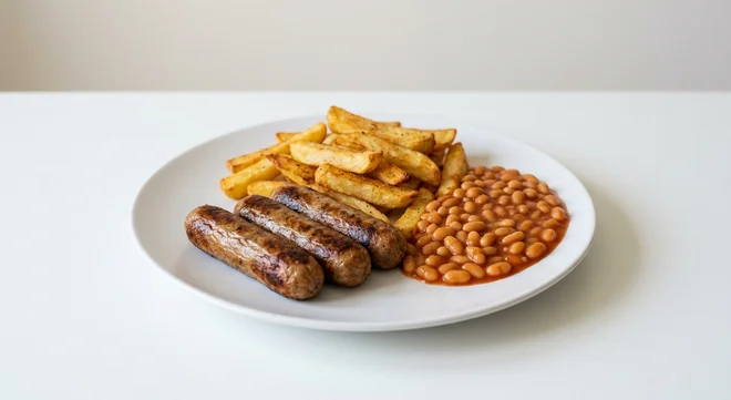 Wetherspoon Vegan Sausages, Chips and Beans, three vegan sausages with chips and baked beans on a white plate, nutrition and calories