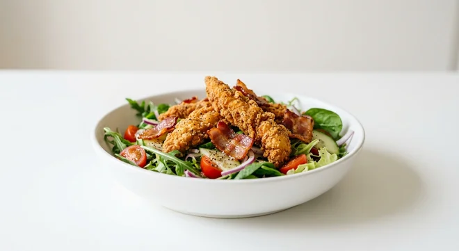 Wetherspoon Chicken & Maple-Cured Bacon Salad (Southern-Fried Chicken), mixed salad topped with southern-fried chicken strips and maple-cured bacon in a white bowl, nutrition and calories