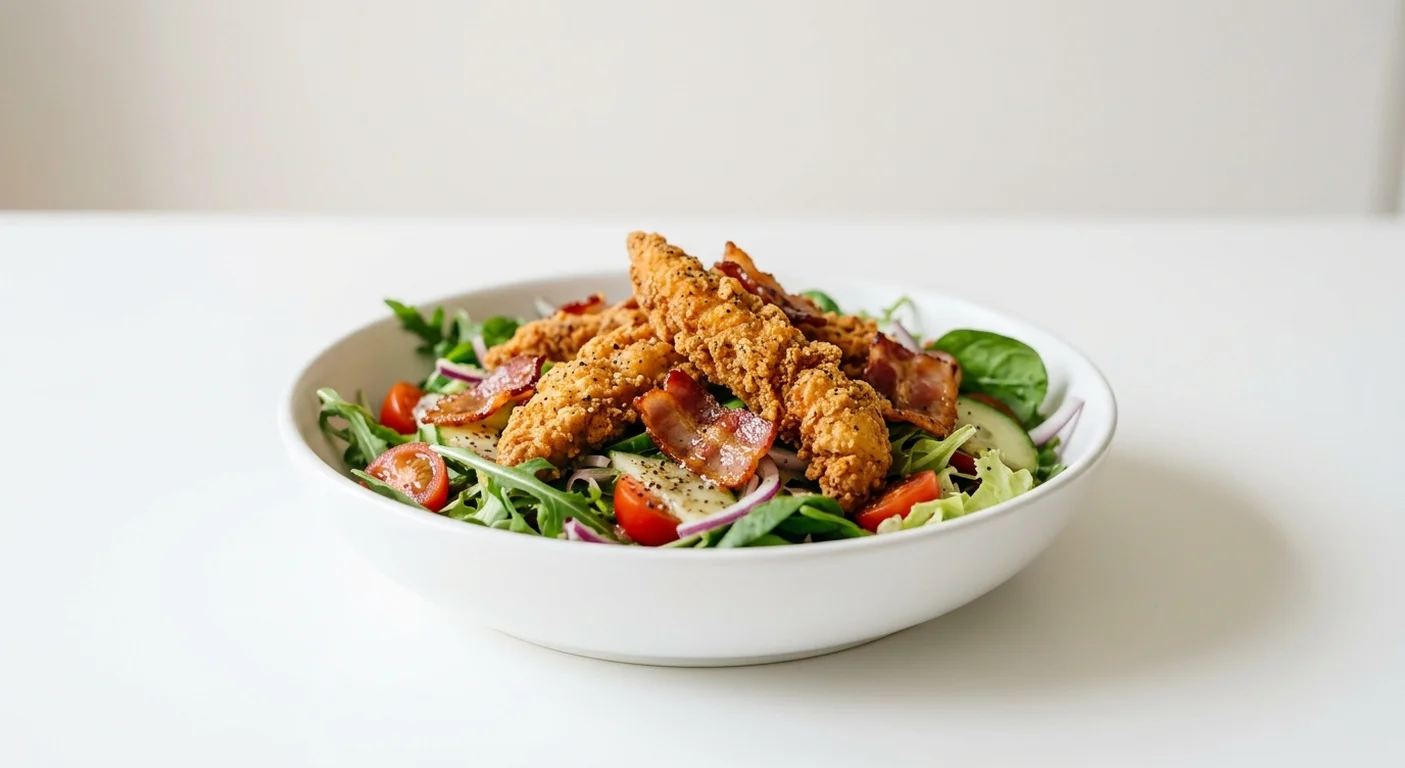 Wetherspoon Chicken & Maple-Cured Bacon Salad (Southern-Fried Chicken), mixed salad topped with southern-fried chicken strips and maple-cured bacon in a white bowl, nutrition and calories