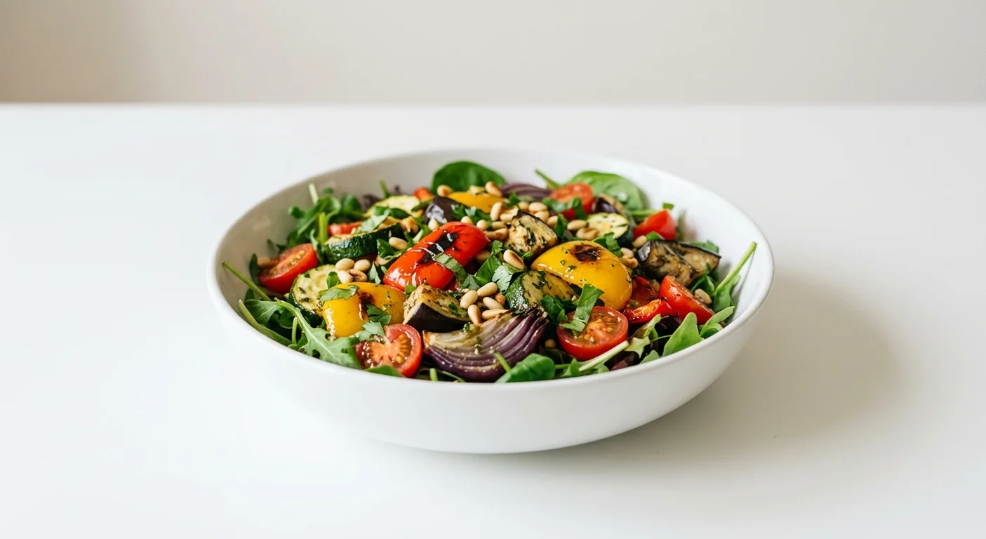 Wetherspoon Mediterranean Salad, Mediterranean salad with roasted vegetables, mixed leaves and tomatoes in a white bowl, nutrition and calories