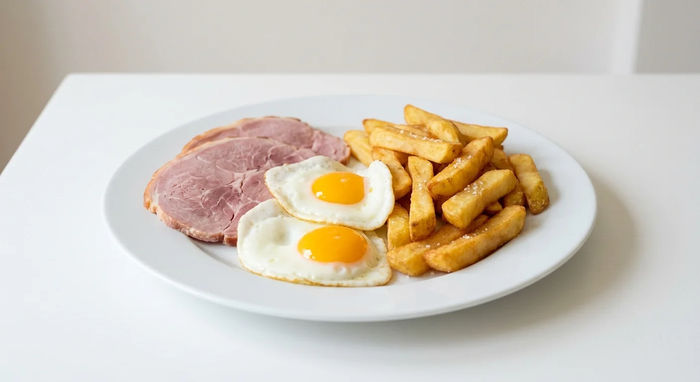 Wetherspoon Wiltshire Cured Ham, Eggs and Chips, sliced Wiltshire ham with two fried eggs and chips on a white plate, nutrition and calories