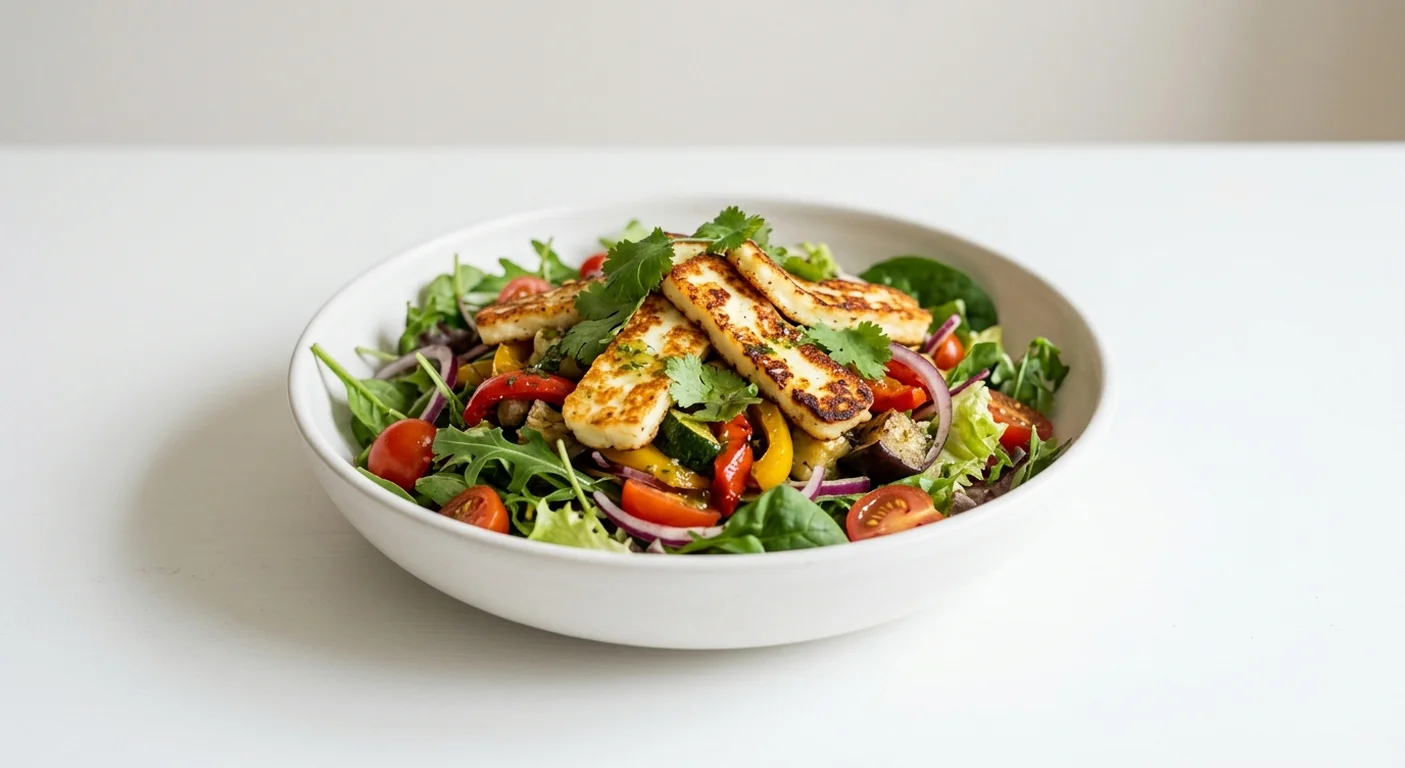 Wetherspoon Fried Halloumi-Style Cheese & Mediterranean Vegetable Salad, mixed salad with fried halloumi-style cheese and Mediterranean vegetables in a white bowl, nutrition and calories