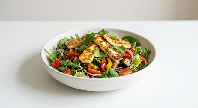 Wetherspoon Fried Halloumi-Style Cheese & Mediterranean Vegetable Salad, mixed salad with fried halloumi-style cheese and Mediterranean vegetables in a white bowl, nutrition and calories
