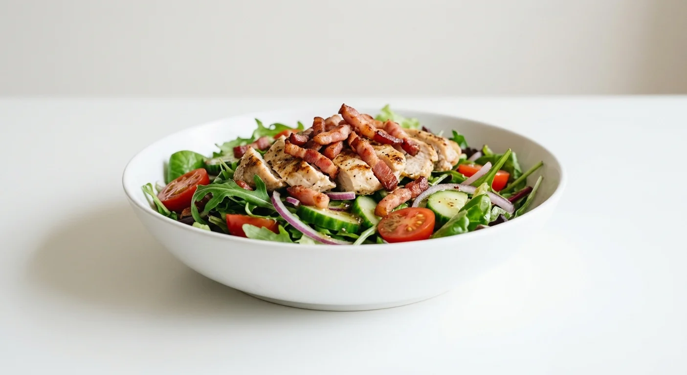 Wetherspoon Chicken & Maple-Cured Bacon Salad (Chicken Breast), mixed salad topped with sliced grilled chicken breast and maple-cured bacon in a white bowl, nutrition and calories