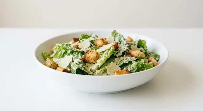 Wetherspoon Caesar Salad, Caesar salad with romaine, croutons and shaved parmesan in a white bowl, nutrition and calories