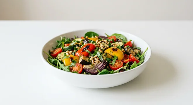 Wetherspoon Mediterranean Salad, Mediterranean salad with roasted vegetables, mixed leaves and tomatoes in a white bowl, nutrition and calories