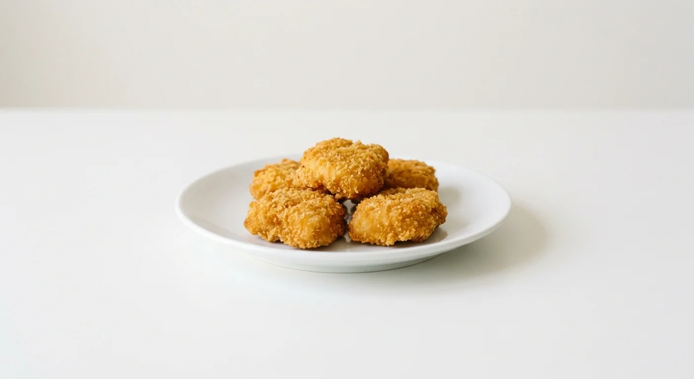 Wetherspoon Chicken Bites (5pc), five breaded chicken breast bites on a white plate, nutrition and calories