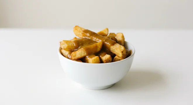 Wetherspoon Bowl of Chips with Curry Sauce, thick-cut chips topped with curry sauce in a white bowl, nutrition and calories