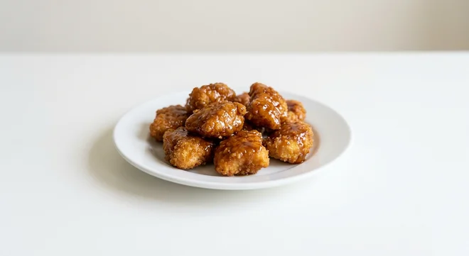 Wetherspoon Chicken Bites with Sticky Soy Sauce, breaded chicken bites coated in sticky soy sauce on a white plate, nutrition and calories