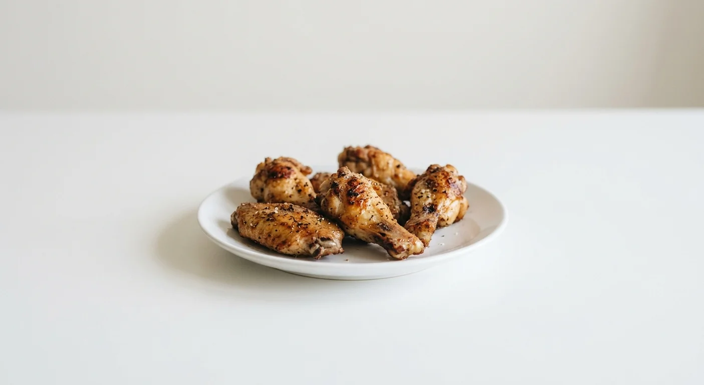 Wetherspoon Chicken Wings (5pc), five roasted chicken wings on a white plate, nutrition and calories
