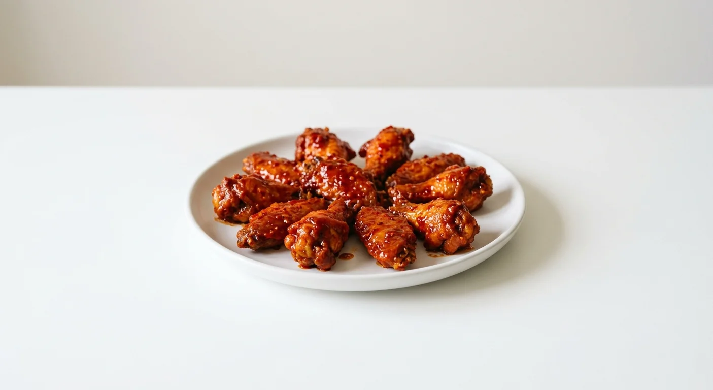 Wetherspoon Chicken Wings with Naga Chilli Sauce (10pc), ten chicken wings coated in naga chilli sauce on a white plate, nutrition and calories