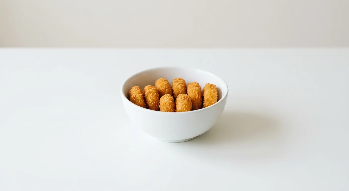 Wetherspoon Eight Whitby Breaded Scampi, eight golden breaded scampi pieces in a white bowl, nutrition and calories