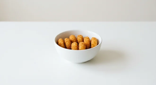 Wetherspoon Eight Whitby Breaded Scampi, eight golden breaded scampi pieces in a white bowl, nutrition and calories