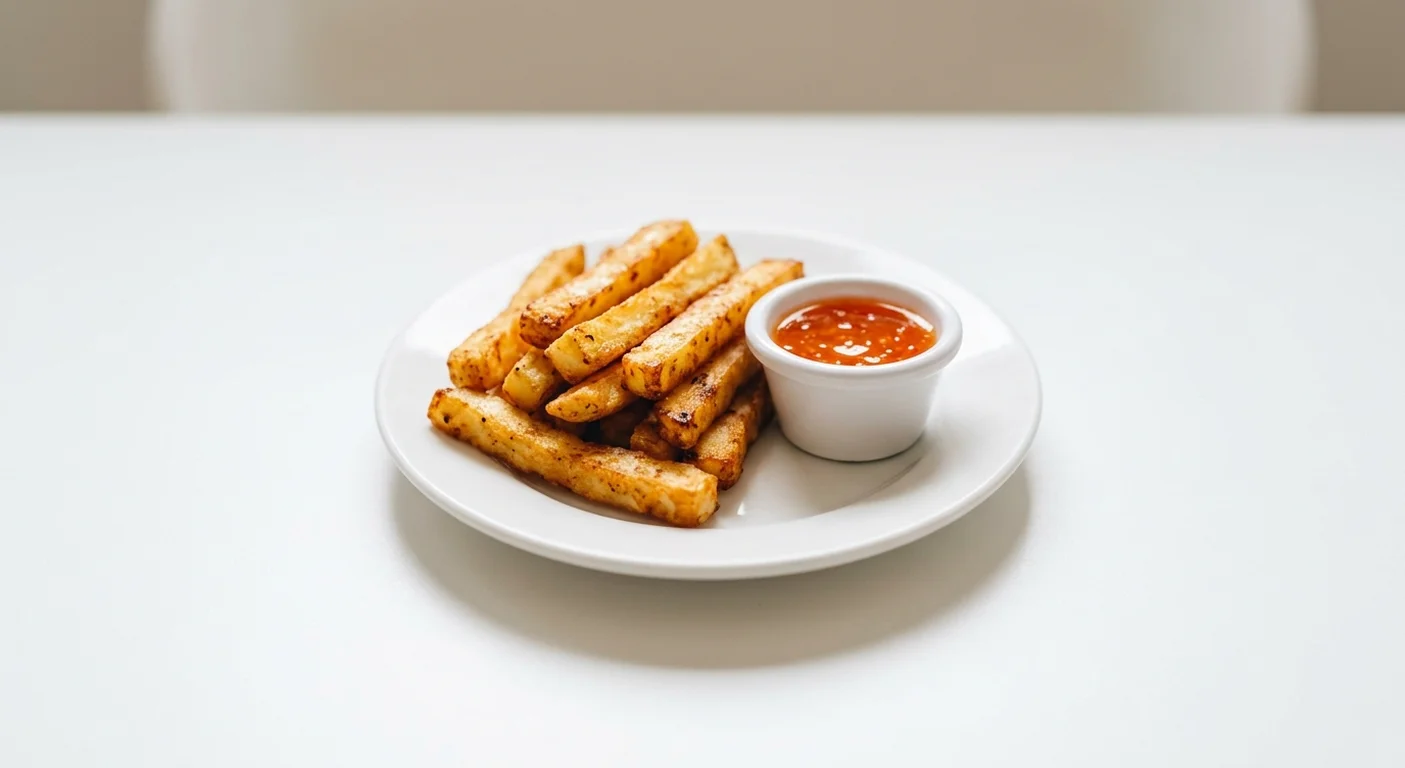 Wetherspoon Halloumi-Style Fries with Sweet Chilli Sauce, halloumi-style fries with a pot of sweet chilli sauce on a white plate, nutrition and calories