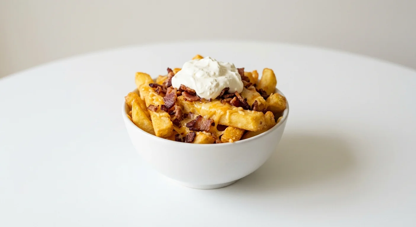 Wetherspoon Loaded Chips, chips loaded with melted cheese, bacon and sour cream in a white bowl, nutrition and calories