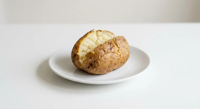 Wetherspoon Jacket Potato, split jacket potato with butter on a white plate, nutrition and calories
