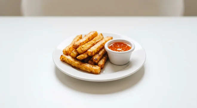 Wetherspoon Halloumi-Style Fries with Sweet Chilli Sauce, halloumi-style fries with a pot of sweet chilli sauce on a white plate, nutrition and calories