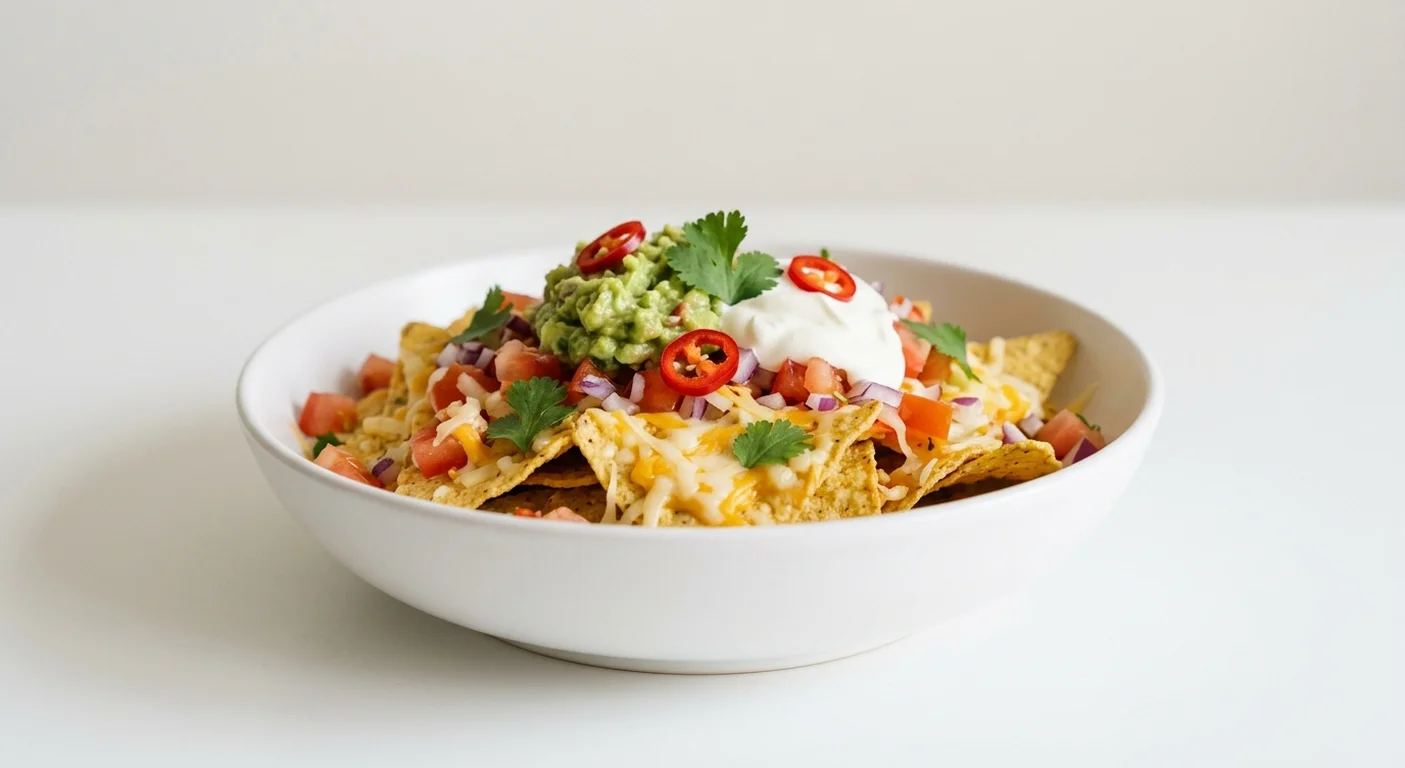 Wetherspoon Nachos, tortilla chips with cheese, guacamole, sour cream, tomato and chilli in a white bowl, nutrition and calories