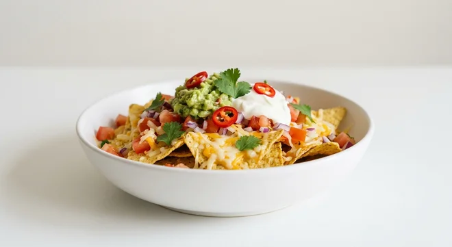 Wetherspoon Nachos, tortilla chips with cheese, guacamole, sour cream, tomato and chilli in a white bowl, nutrition and calories