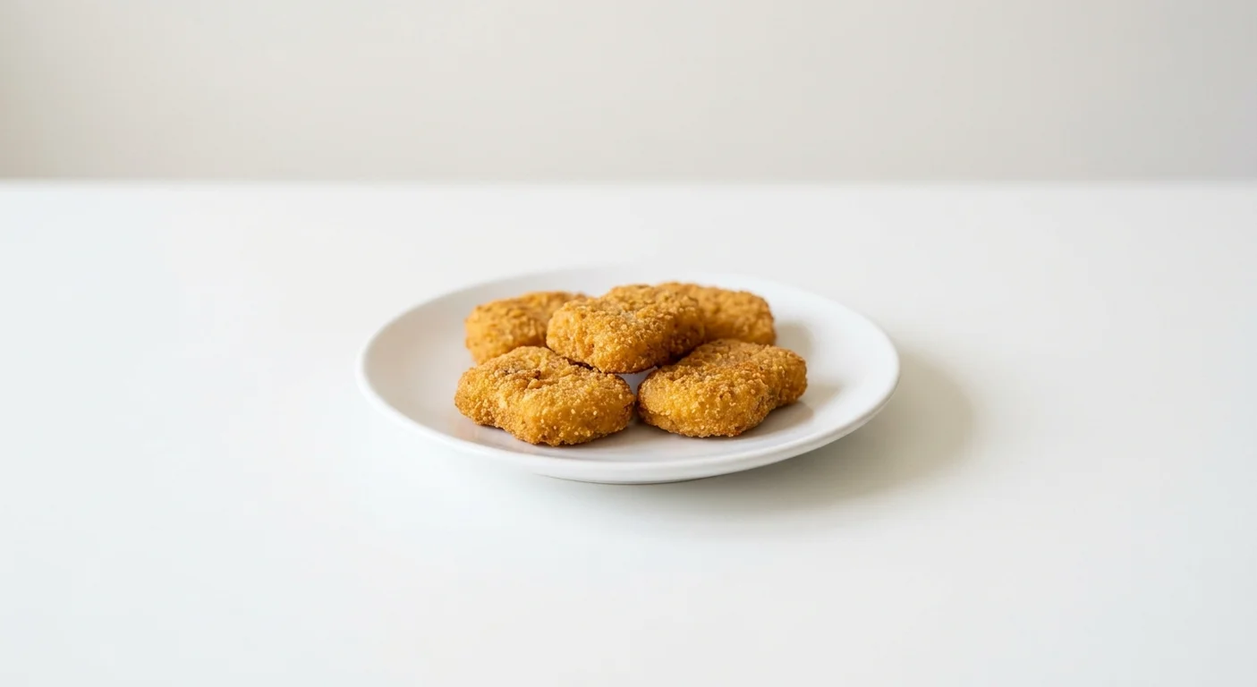 Wetherspoon Quorn Nuggets (5pc), five Quorn vegan nuggets on a white plate, nutrition and calories