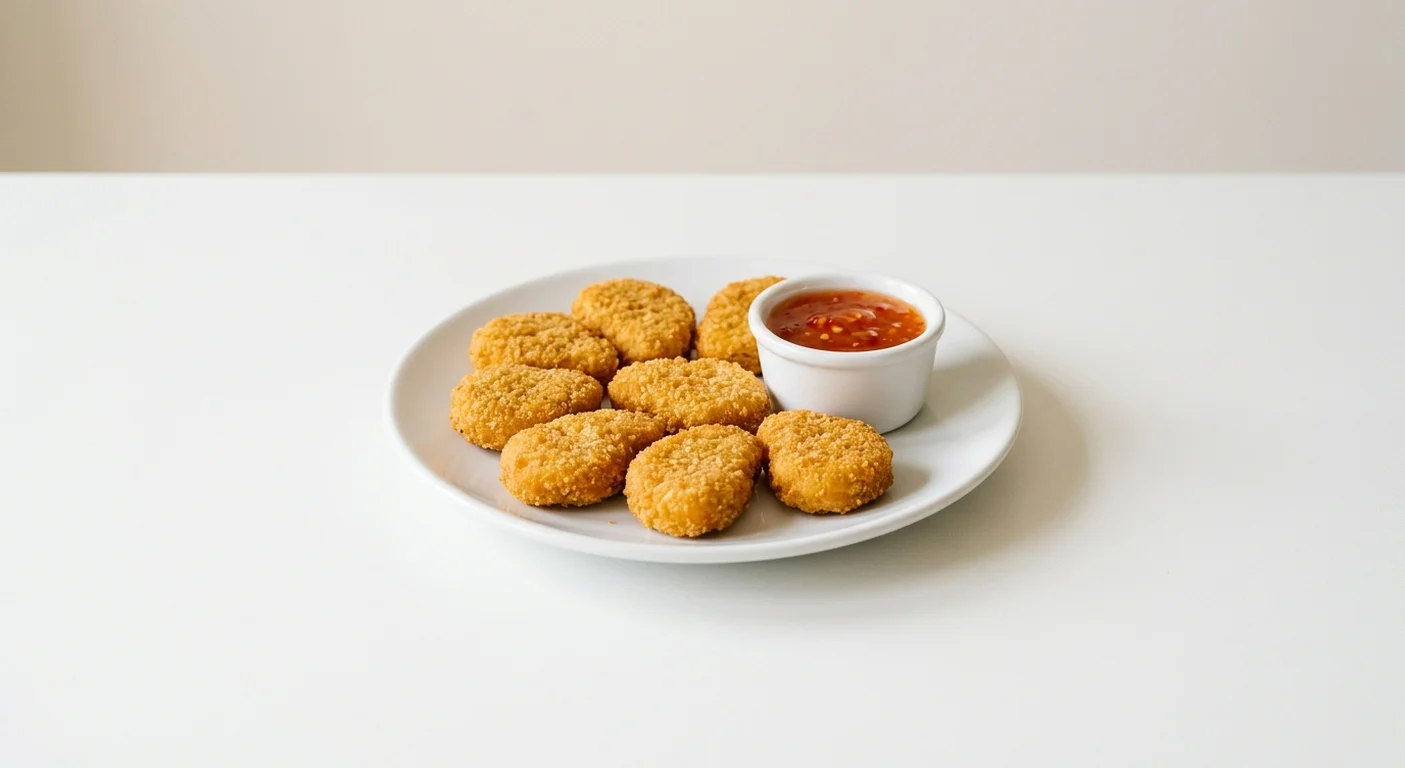 Wetherspoon Quorn Nuggets with Sweet Chilli Sauce (8pc), eight Quorn vegan nuggets with a pot of sweet chilli sauce on a white plate, nutrition and calories