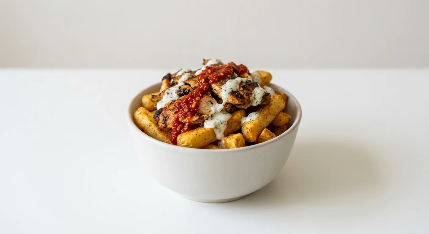 Wetherspoon Shawarma-Chicken-Topped Chips, chips topped with chicken shawarma, garlic and herb sauce and naga chilli in a white bowl, nutrition and calories