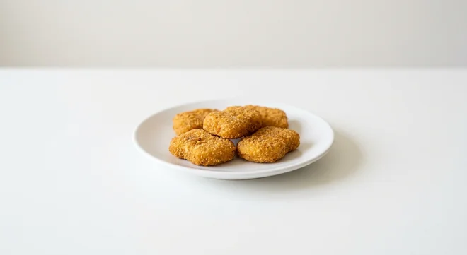Wetherspoon Quorn Nuggets (5pc), five Quorn vegan nuggets on a white plate, nutrition and calories