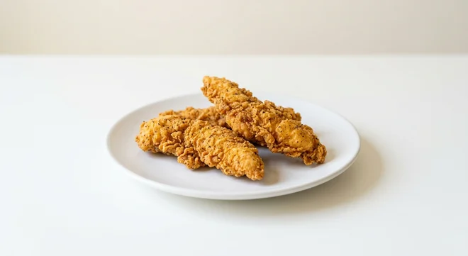 Wetherspoon Southern-Fried Chicken Strips (3pc), three southern-fried chicken strips on a white plate, nutrition and calories