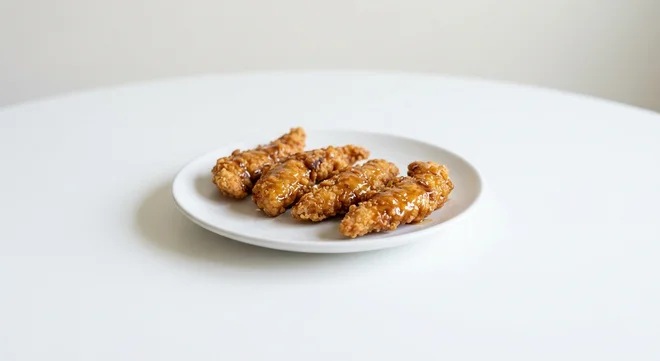Wetherspoon Southern-Fried Chicken Strips with Jack Daniel's Honey Glaze (5pc), five southern-fried chicken strips in Jack Daniel's honey glaze on a white plate, nutrition and calories