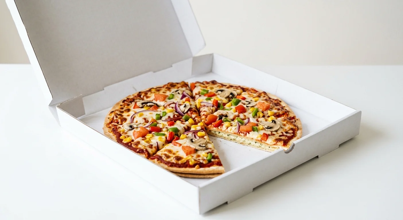 Domino's Vegi Supreme (Double Decadence), whole Double Decadence pizza with red onion, peppers, mushrooms and tomato in a takeaway pizza box, nutrition and calories