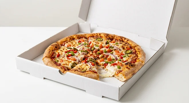 Domino's Vegi Volcano (Stuffed Crust), whole Stuffed Crust pizza with red onion, peppers, tomato and jalapeños in a takeaway pizza box, nutrition and calories