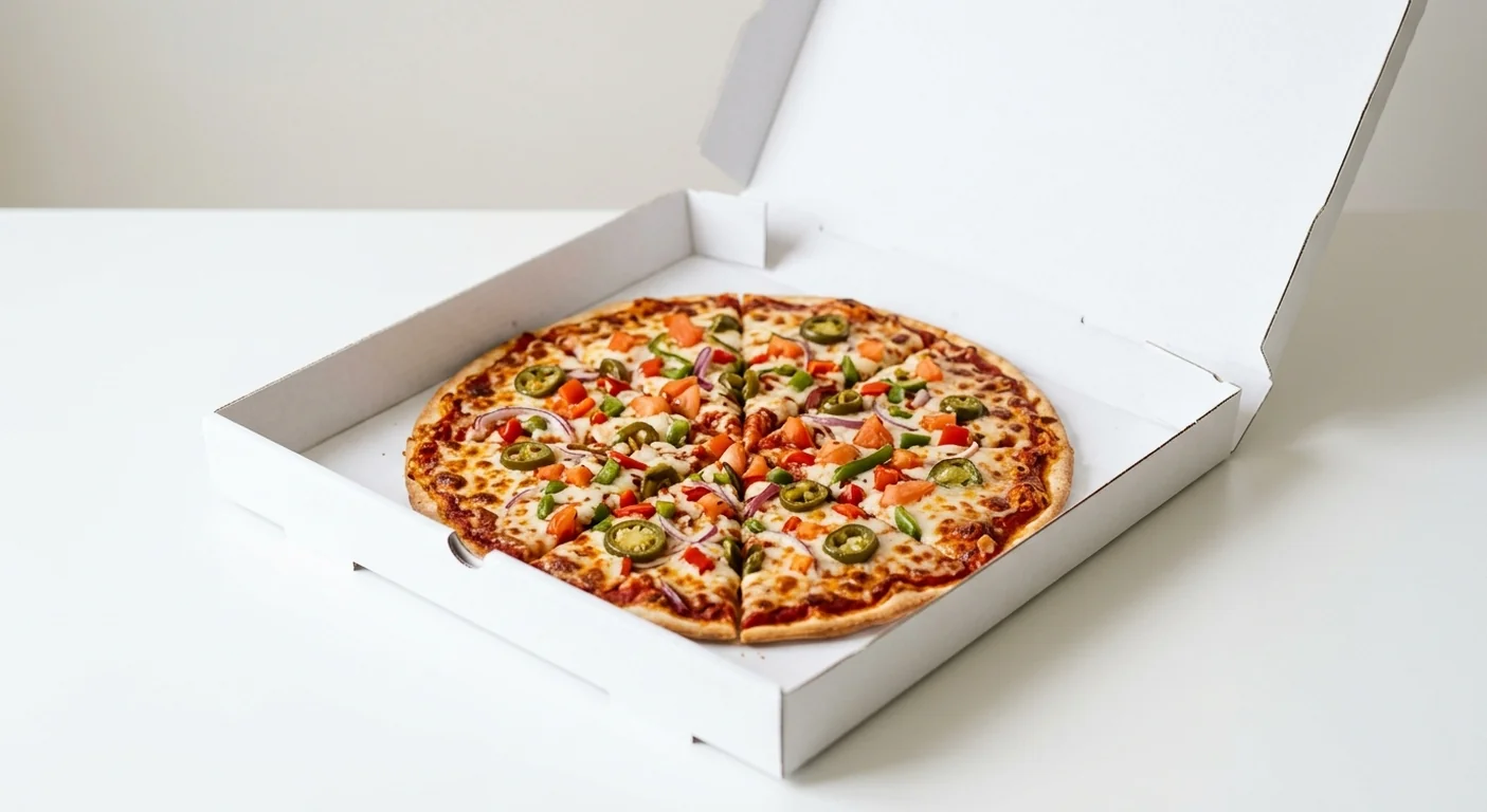 Domino's Vegi Volcano (Thin & Crispy), whole Thin & Crispy pizza with red onion, peppers, tomato and jalapeños in a takeaway pizza box, nutrition and calories