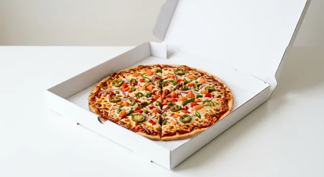 Domino's Vegi Volcano (Thin & Crispy), whole Thin & Crispy pizza with red onion, peppers, tomato and jalapeños in a takeaway pizza box, nutrition and calories