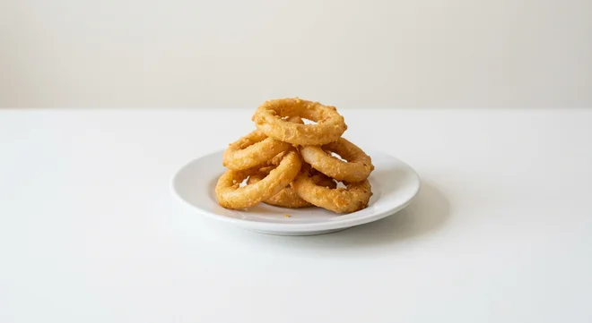 Wetherspoon Six Onion Rings, six battered onion rings on a white plate, nutrition and calories