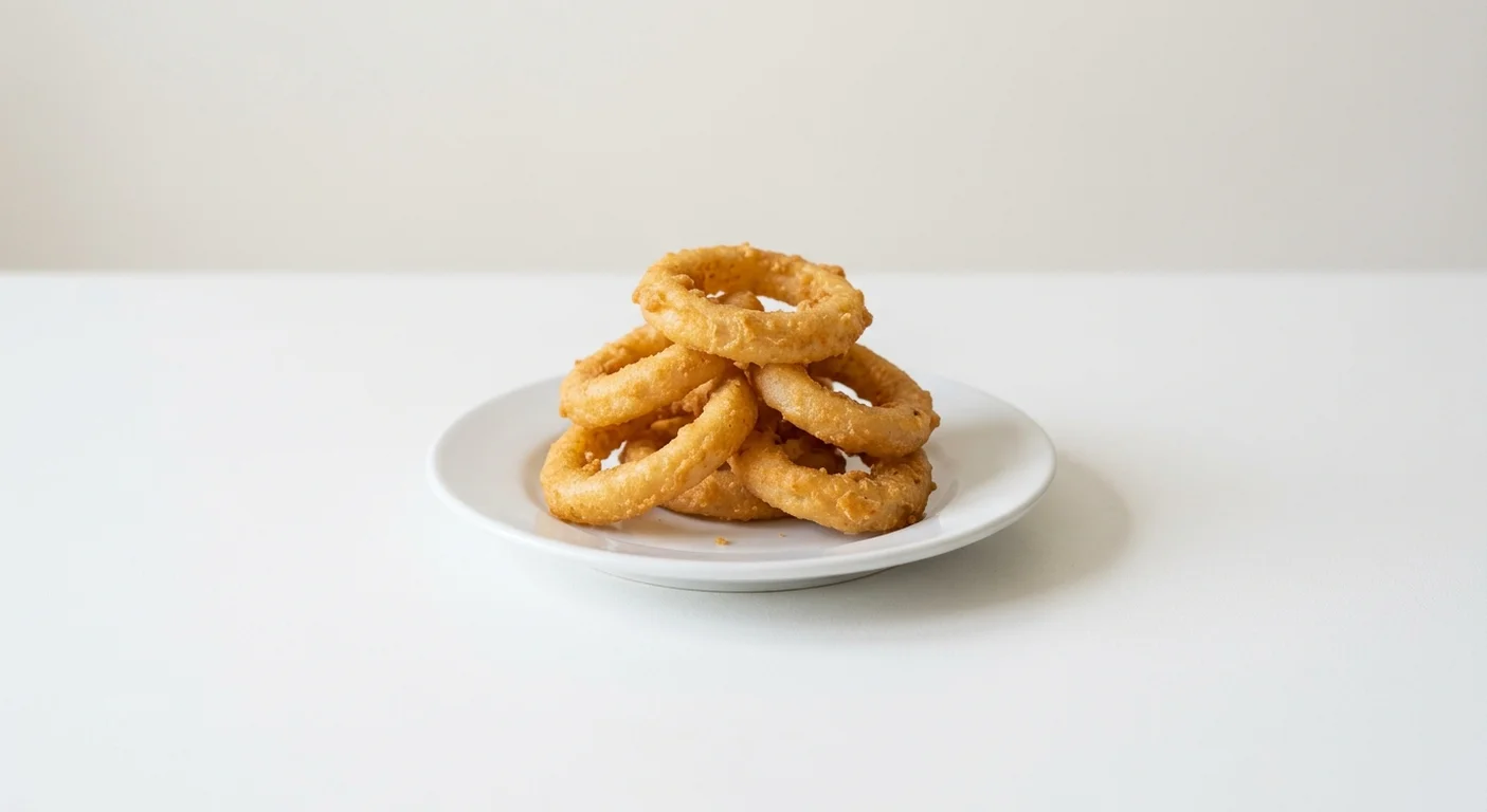 Wetherspoon Six Onion Rings, six battered onion rings on a white plate, nutrition and calories