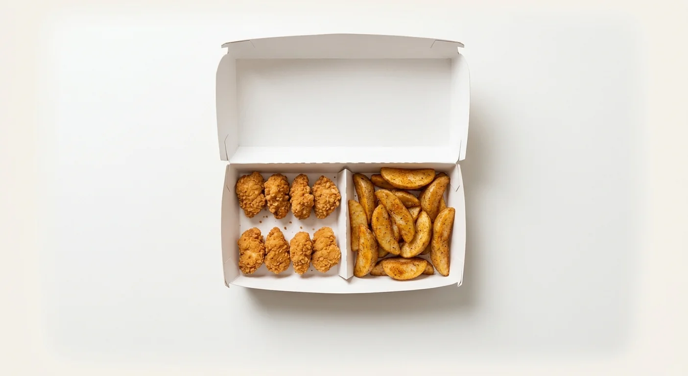 Domino's Chick 'N' Dip 8 Boneless Bites and Wedges Combo, 8 crispy boneless chicken bites with wedges in a takeaway box, nutrition and calories