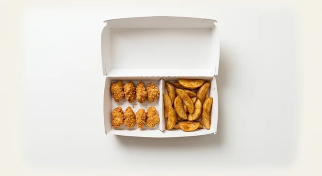 Domino's Chick 'N' Dip 8 Boneless Bites and Wedges Combo, 8 crispy boneless chicken bites with wedges in a takeaway box, nutrition and calories
