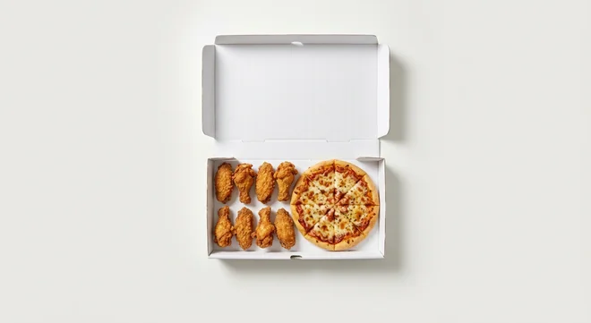 Domino's Chick 'N' Dip 8 Wings and Garlic Pizza Bread Combo, 8 crispy chicken wings with garlic pizza bread in a takeaway box, nutrition and calories