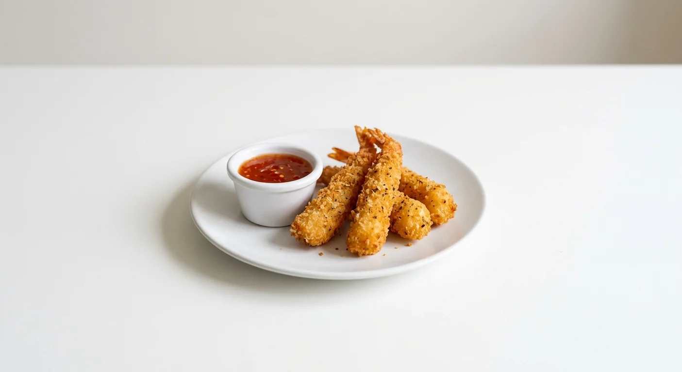 Wetherspoon Spicy Prawns with Sweet Chilli Sauce, lightly spiced breaded king prawns with a pot of sweet chilli sauce on a white plate, nutrition and calories