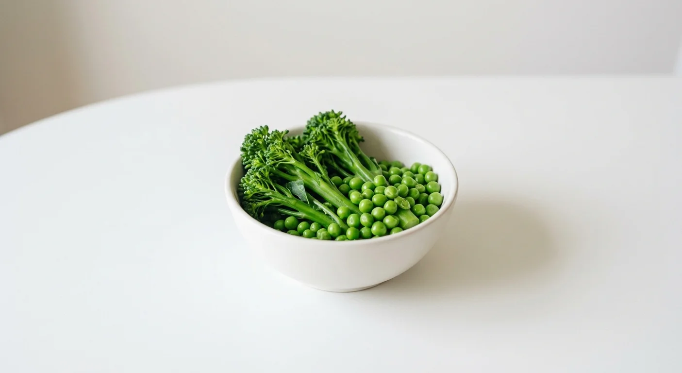 Wetherspoon Tenderstem Broccoli and Peas, tenderstem broccoli and garden peas in a white bowl, nutrition and calories