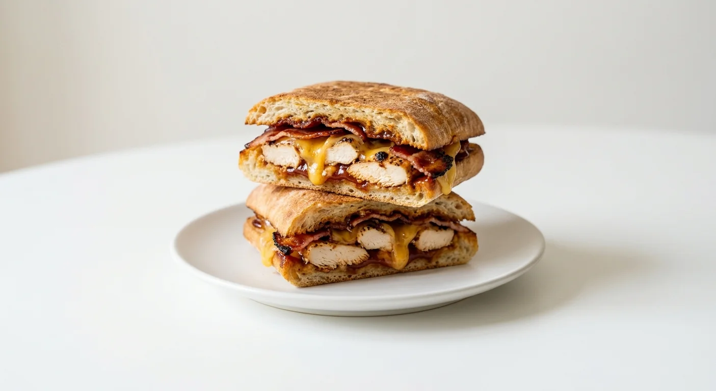 Wetherspoon BBQ Chicken, Bacon and Cheddar Ciabatta, toasted ciabatta filled with chicken, maple-cured bacon, cheddar and BBQ sauce on a white plate, nutrition and calories
