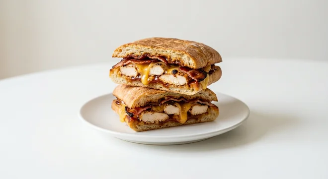 Wetherspoon BBQ Chicken, Bacon and Cheddar Ciabatta, toasted ciabatta filled with chicken, maple-cured bacon, cheddar and BBQ sauce on a white plate, nutrition and calories