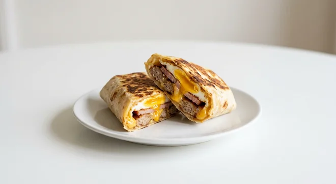 Wetherspoon Brunch Wrap, toasted wrap filled with sausage, bacon, egg and cheddar on a white plate, nutrition and calories