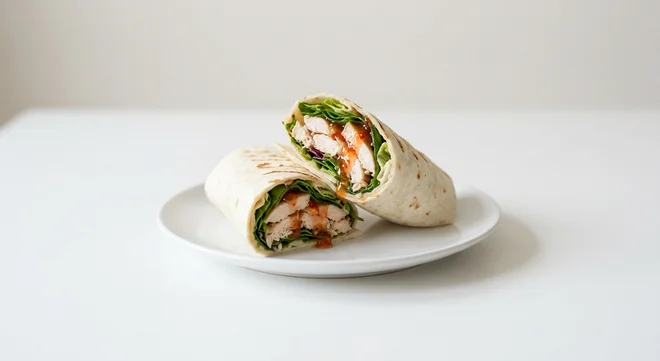 Wetherspoon Cold Chicken and Sweet Chilli Wrap, wrap filled with sliced chicken, salad leaves and sweet chilli sauce on a white plate, nutrition and calories